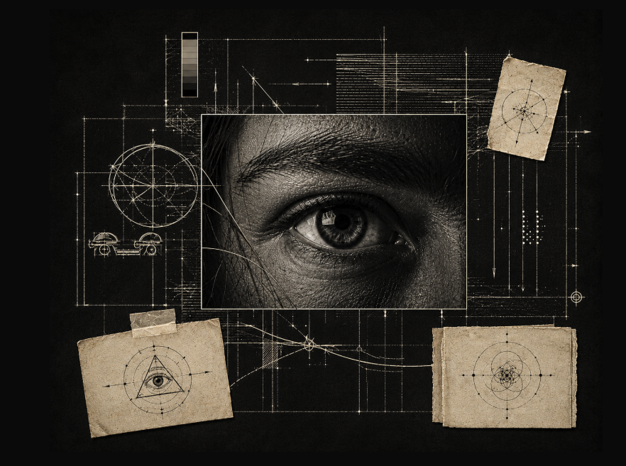 Unframed brand key art: an eye framed by hand-drawn blueprint diagrams.